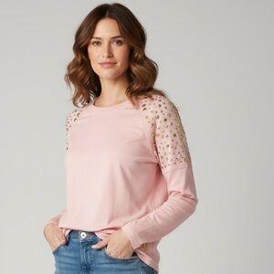 Michael Kors, ladies, pink crewneck, top eye catching gold studs large.